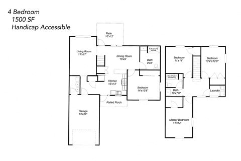 Floor plan for 4 beds, 2 baths, 1500 sqft